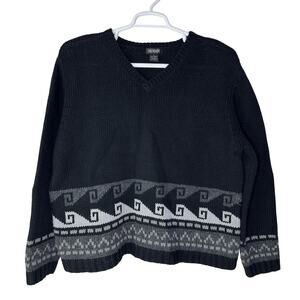 111 State Men's Large Sweater Lambs Wool Black Gray V Neck Knit‎ Oversized EUC
